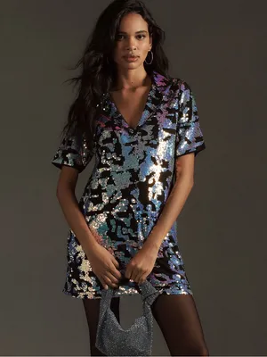 Bhanuni by Jyoti Sequin V-Neck Short Sleeve Mini Dress Black Multi Size Su thumbnail 2
