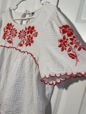 Old Navy Embroidered Crinkle Gauze Boho Peasant Top Orange Floral Scallop XL thumbnail 5