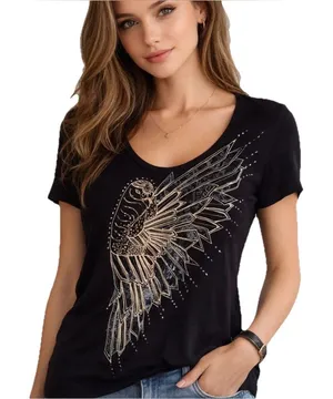 Key Closet War Bird Black Graphic Tee Swarovski Crystals Women’s Size Small thumbnail 1