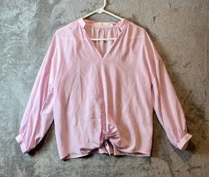 Marie Oliver 100% Silk Blouse Women Sz Small Pink Tie‎ Front Minimalist Casual thumbnail 1