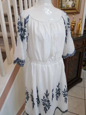 Anthropology Kindred White Embroidered Mini Dress with Navy Floral Accents thumbnail 6
