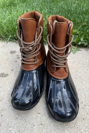 Jessica Cline Women's Brown and Black Waterproof Duck Boots - Lace-Up Winter Rain Boots thumbnail 1