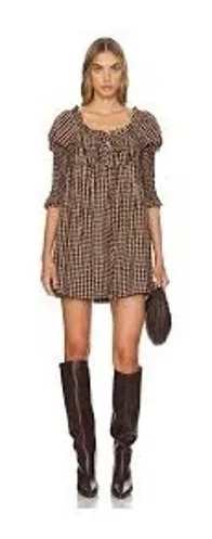 Free People Women Mini Dress L Brown Gingham Smocked Ruffle Cotton OB2049348 thumbnail 1