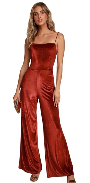LULUS Hopeful Heart Red Velvet Backless Wide-Leg Jumpsuit thumbnail 1