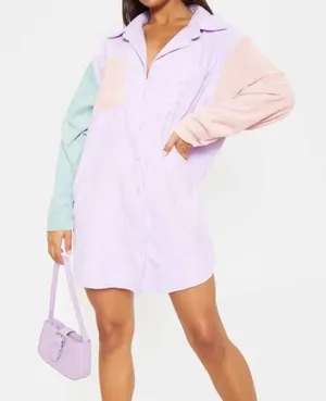 PRETTY LITTLE THINGS 10 color block corduroy pocket front oversized shirt dress thumbnail 1