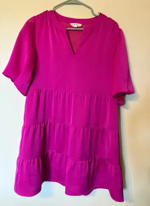 THML Magenta Pink Tiered Mini Dress Short Puff Sleeve Split V-Neck Small thumbnail 1