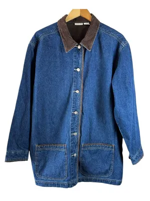 St John's Bay Women's 1X Denim Chore Barn Jacket Brown Corduroy Collar Blue thumbnail 2