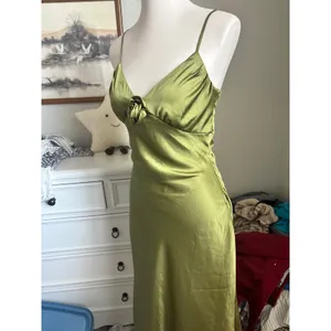 Satin Green Rosette Maxi Dress Floral Slip Olive Lime Formal Evening Gown thumbnail 2