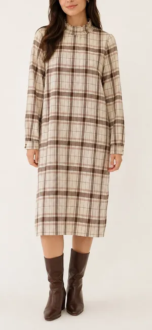 Sézane Plaid Ruffle Neck Long Sleeve Dress in Cream and Brown thumbnail 1