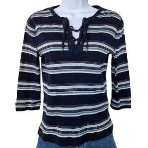 Vintage LRL Lauren Jeans Co Ralph Lauren Striped Lace Up 3/4 Sleeve Top Women S‎ thumbnail 1