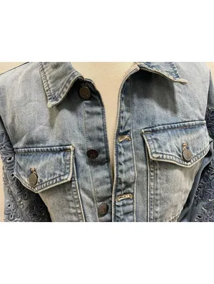 Calvin Klein Floral Embroidered S Cropped Blue Denim Jacket thumbnail 2