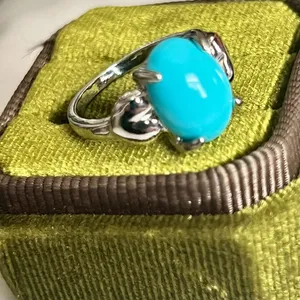 Turquoise and White Topaz Titanium Steel Silver Band Size 8 thumbnail 3