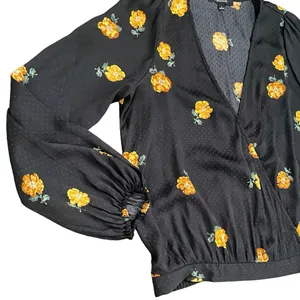 Madewell Bubble-Sleeve Black Wrap Top with Yellow Gold Floating Florets S thumbnail 10