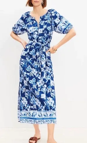 LOFT V-Neck Blue and White Floral Tie-Waist Maxi with slit sides. Size Small thumbnail 1