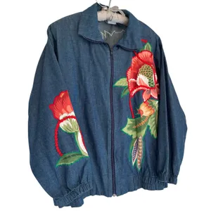 Vintage Southern Stitches Denim‎ Appliqué Embroidered Bomber Jacket Womens M USA thumbnail 2