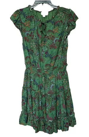 Sugarlips Dress Small Midi Cap Sleeve Smocked Waist Green Floral Fairy Cottage thumbnail 1