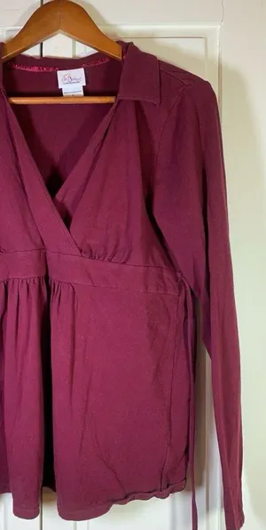 Oh Baby Motherhood Maternity Belted Empire Top Large 3/4 Sleeve‎ V Neck Stretch thumbnail 1