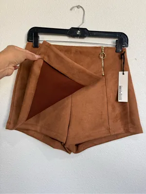 Haute Monde Size S Brown Faux Suede Wrap Mini Skort Gold Ring Zip Western Boho thumbnail 3