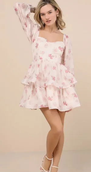 Lulus Blush Pink Floral Organza Tiered Mini Dress thumbnail 1