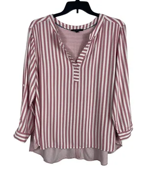 Jane & Delancey Womens 2X Pink White Striped Rayon Blouse Roll Tab High Low Top thumbnail 1