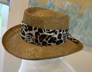 Source Unknown Straw Wide Brim Hat with Leopard Band - Brown thumbnail 1
