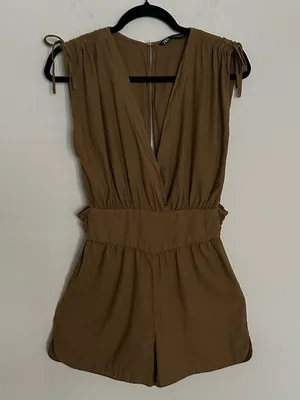 Zara Linen and Cotton Olive-Green Surplice Romper with Smocked Waist Size XS thumbnail 1
