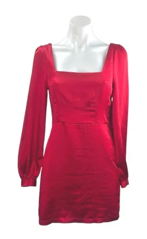 Lulus Women Red Silk Satin Long Puff Sleeve Square Neck Mini Sheath Dress Size S thumbnail 1