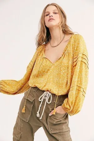 Free People All Tucks Printed Bodysuit Womens Small Yellow Gold thumbnail 1
