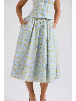 House of CB Cora Gathered Lace-Up Cotton Midi Skirt Soft Blue Vintage Floral thumbnail 7