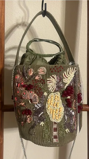 From India to You Beaded Botanical Corduroy Bucket Bag thumbnail 1