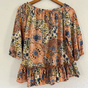 🦋 Melloday Off the Shoulder Orange Yellow Paisley Mid Sleeve Boho Blouse Medium thumbnail 4