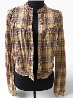 Free people Plaid Linen/Cotton Blend Cropped Button Down Jacket Sz Small thumbnail 3