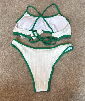 Cupshe White Textured Green Trim Crossback Cheeky Swim Bikini Set Size L thumbnail 4