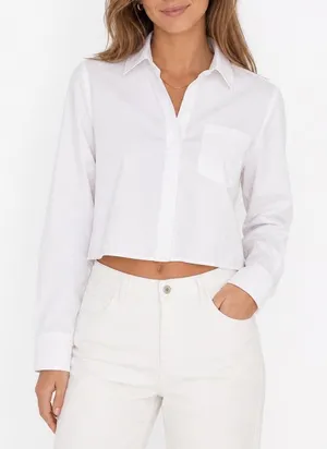White Cropped Long Sleeve Button Up Shirt Collared Cotton Rayon Blend Large thumbnail 1