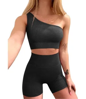 NEW 2 Pc Ribbed 1 Shoulder High Waist Shorts & Sports Bra S thumbnail 1