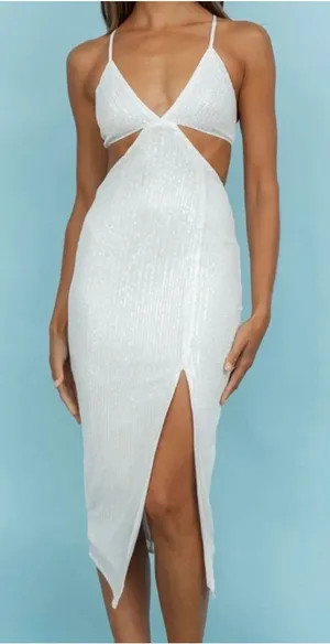 Hello Molly White Sequin‎ Cutout Midi Dress V-Neck Tie Back Formal Gown XS US 2 thumbnail 1
