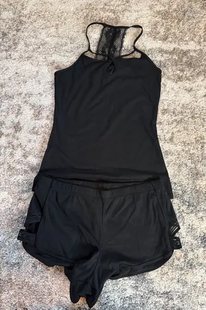 Gilligan & O'Malley Black Lace-Back Sleep Tank with Matching Black Lounge Shorts thumbnail 1