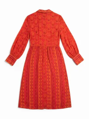 Farm Rio Midi Dress Womens Small Red Orange Long Sleeve V-Neck thumbnail 6
