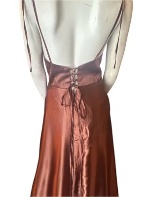 Monvelli Satin Cowl Neck Evening Gown w/Thigh High Slit & Pockets Brown 12 NWT thumbnail 6