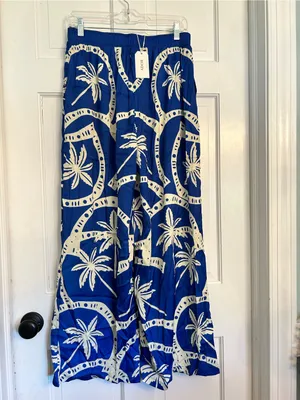 Royal Blue Palm-Print Wide-Leg Pants thumbnail 4