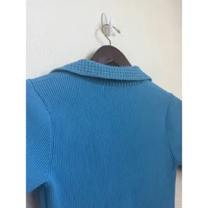 Caroline Constas Blue Knit Ribbed Crochet Collar Bodycon Dress Size S thumbnail 7