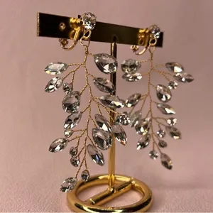 Vintage Gems Bridal Rhinestone Vine Clip On Earrings Gold Crystal Dangle thumbnail 4
