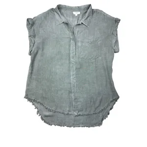 Umgee Green Short Sleeve Frayed Hem Button Down Shirt Small 100%‎ Rayon Boho Top thumbnail 2