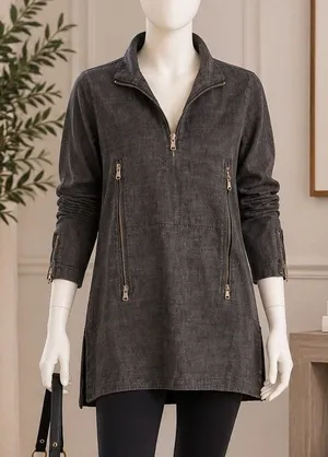 Ladysoul Womens Tunic Top Black Denim Quarter Zip Side Zips Small thumbnail 1