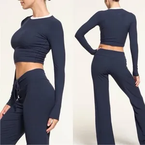 Skims Soft Lounge Ringer Long Sleeve Crop Top Navy Multi Size 2X thumbnail 10
