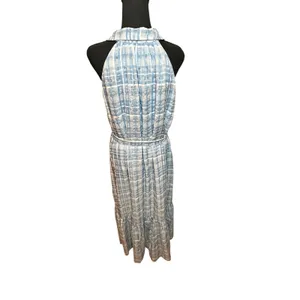 Anthropologie Blue White Plaid Button Front Tiered Midi Dress Sz S Halter Neck thumbnail 4