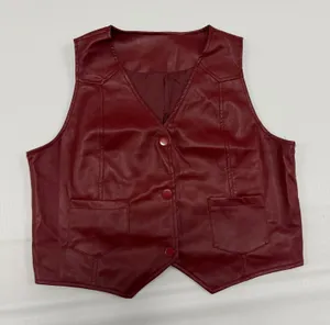 Burgundy Red Faux Leather Vest Button Front V-Neck Waistcoat with Pockets Large thumbnail 1