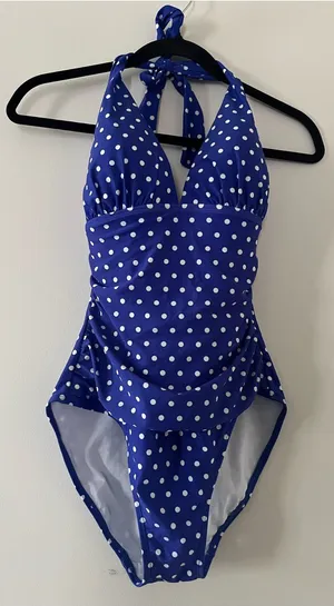 Lauren Ralph Lauren Blue White Polka Dot Halter One Piece Swimsuit 8 Ruched thumbnail 1