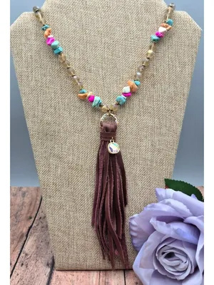 Handmade Bohemian Style Beaded Necklace Colorful Stone & Brown Leather Tassel Pendant 32" thumbnail 1