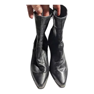 Vtg 1980s Black Leather Scalloped Detail Pointed Toe Block Heel Western Boots 7 thumbnail 2
